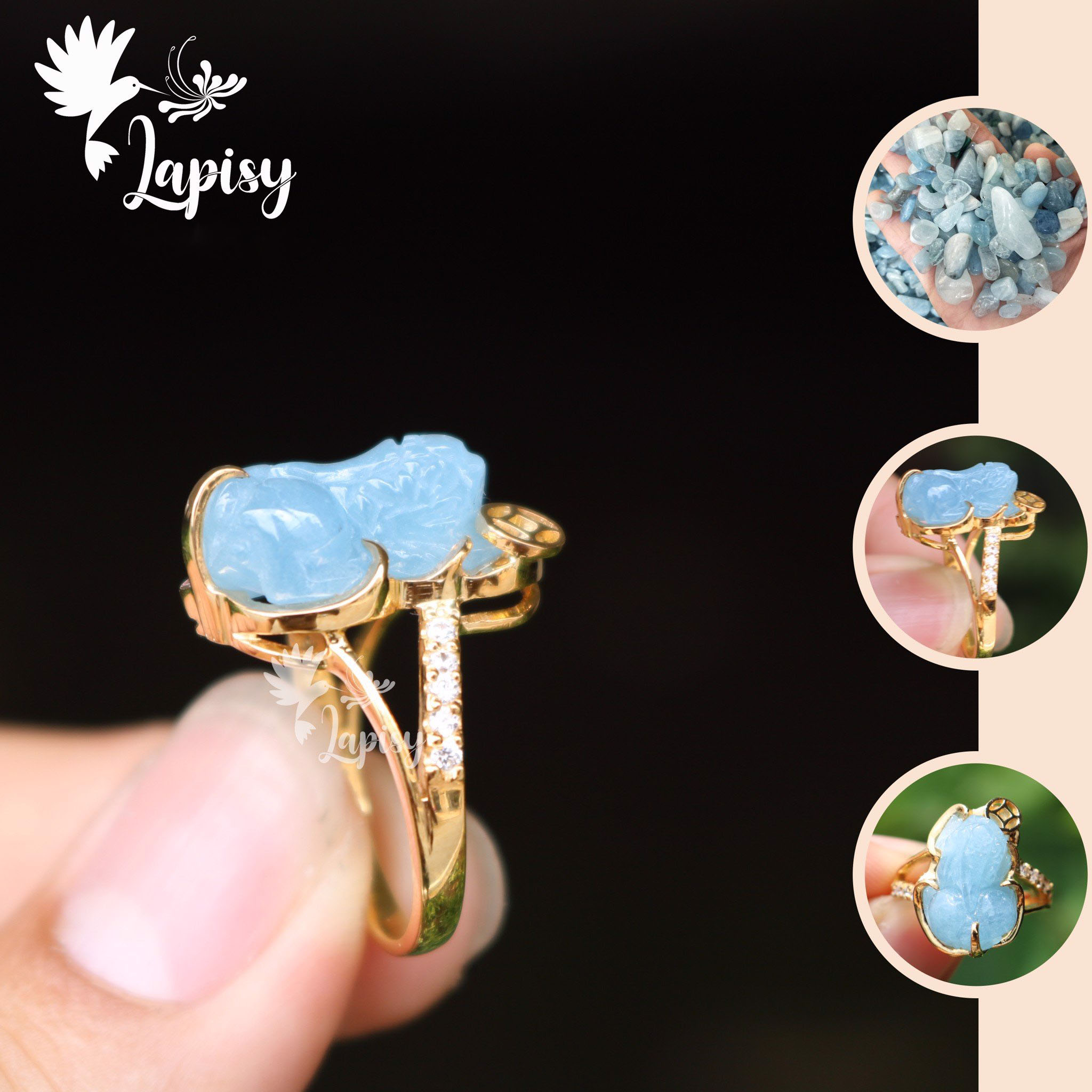 Nhẫn tỳ hưu Aquamarine loại AA 