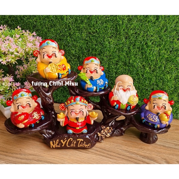 Bộ Ngũ Phúc 7cm kèm tượng Thần Tài và đế Như Ý Cát Tường