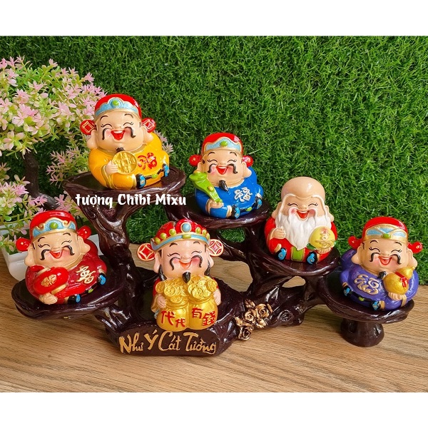 Bộ Ngũ Phúc 7cm kèm tượng Thần Tài và đế Như Ý Cát Tường