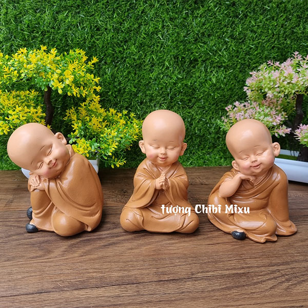 Bộ 03 tượng chú tiểu áo nâu