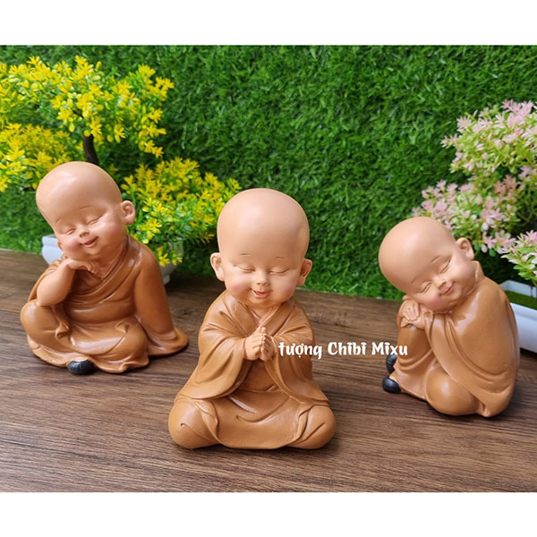 Bộ 03 tượng chú tiểu áo nâu