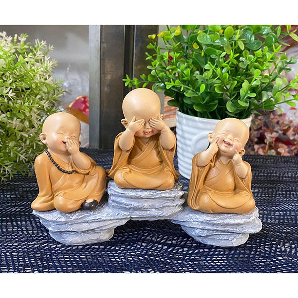 Bộ 03 chú áo nâu kèm đế giả đá size 7cm mini - mẫu Tam Không