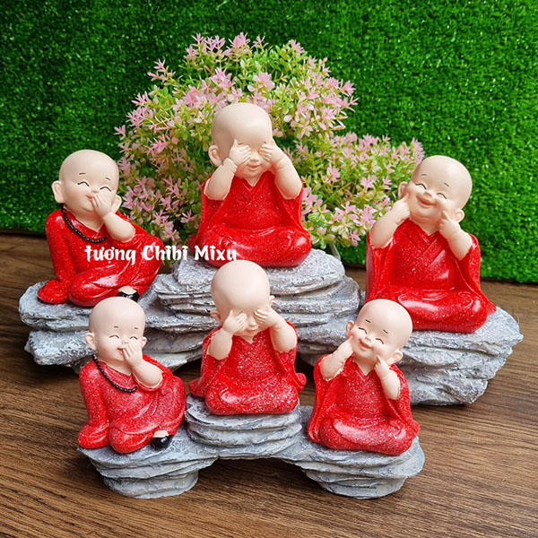 Bộ 03 tượng chú tiểu Tam Không áo đỏ