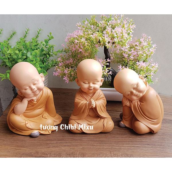 Bộ 03 chú tiểu an nhiên áo nâu kèm chân đế giả đá size 7cm