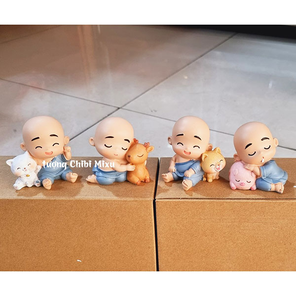 Bộ 04 chú tiểu áo xanh - mẫu ngồi 6cm