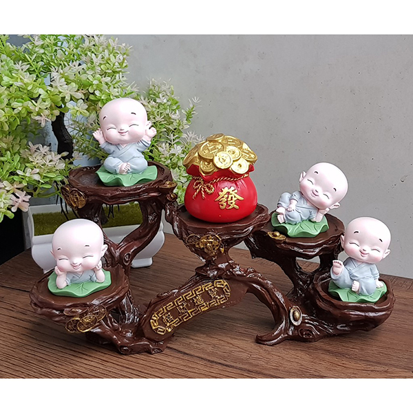  Bộ 04 chú tiểu ngồi lá sen áo lam + đế ngang 5 ánh vàng + chum vàng 