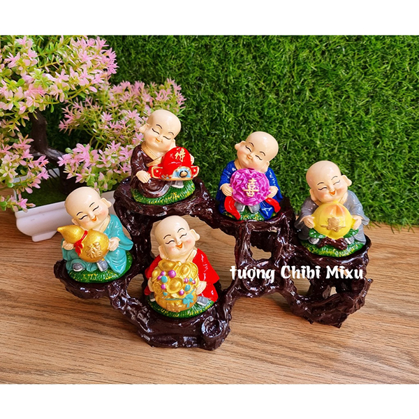 Bộ 05 chú tiểu Ngũ Phúc 7cm kèm đế ngang 5 ô