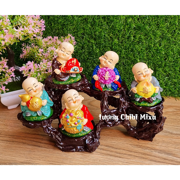 Bộ 05 chú tiểu Ngũ Phúc 7cm kèm đế ngang 5 ô