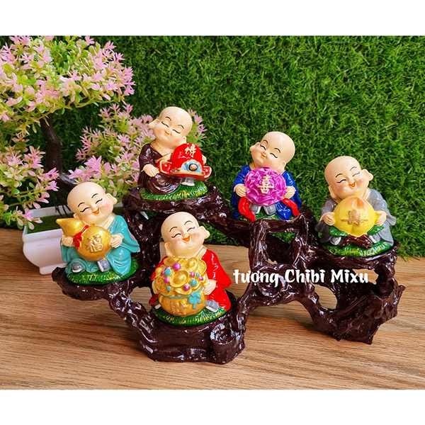 Bộ 05 chú tiểu Ngũ Phúc 7cm kèm đế ngang 5 ô