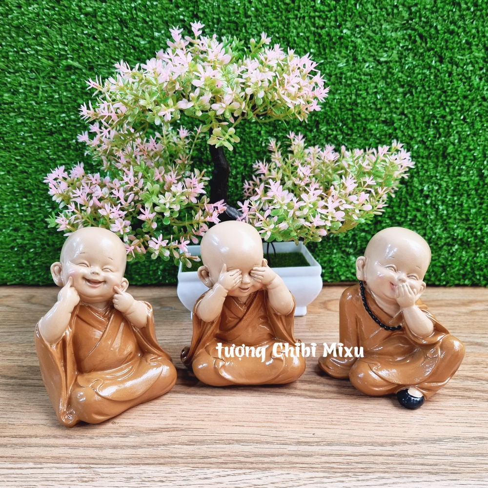 Bộ 03 chú tiểu áo nâu 10cm mẫu Tam Không