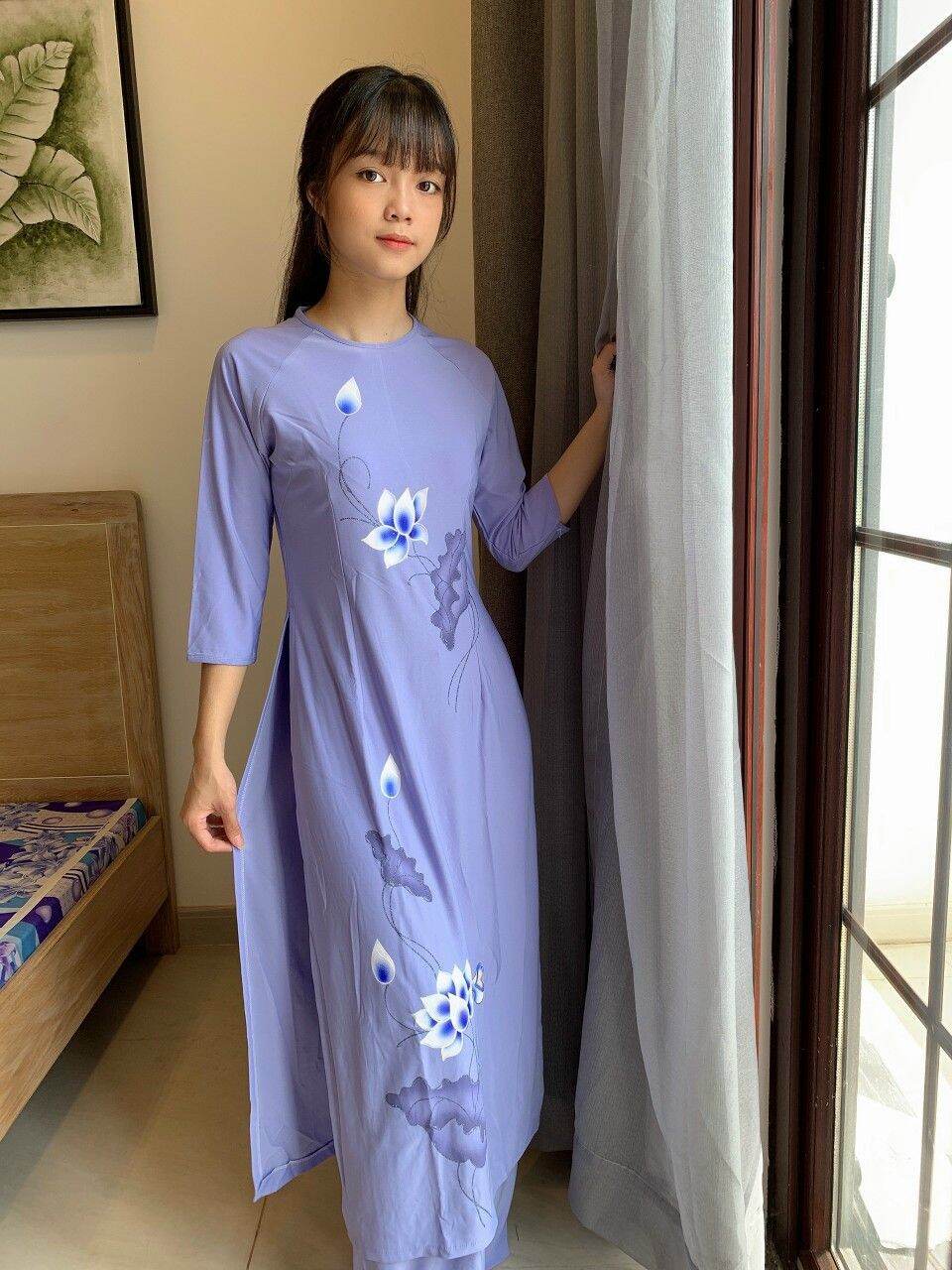 Bộ áo dài nữ chất liệu thun bông vẽ 3d cao cấp (lam)
