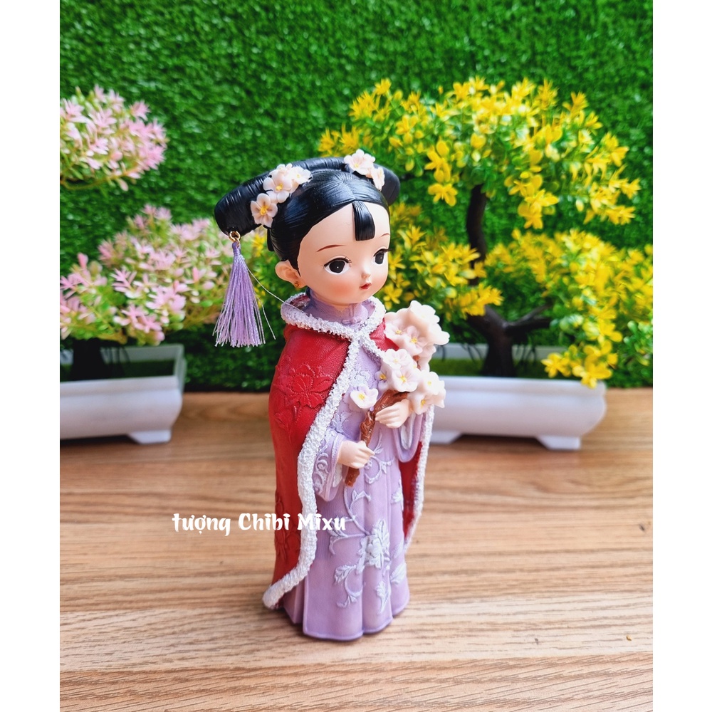 Tượng chibi thiếu nữ cầm nhành hoa cổ trang 3D