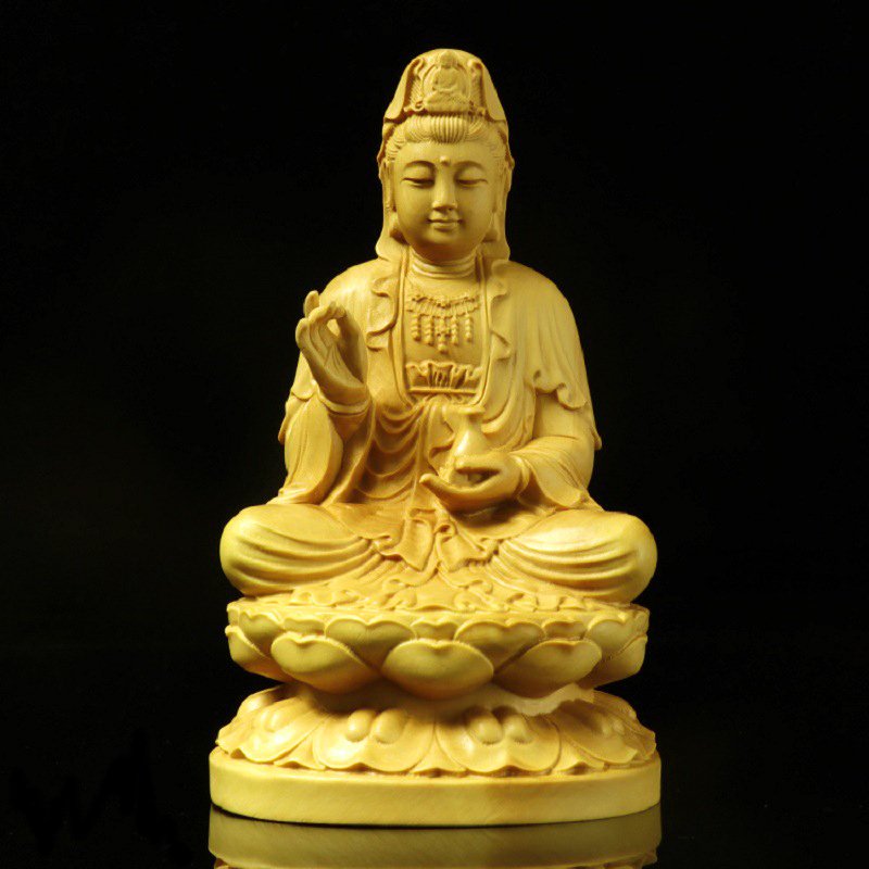 Tượng Phật Quan Âm ngồi đài sen bằng gỗ Hoàng Dương ( Cao 10cm) -MSPC010