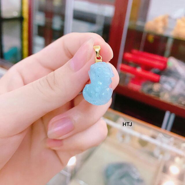 Mặt tỳ hưu aquamarine móc vàng