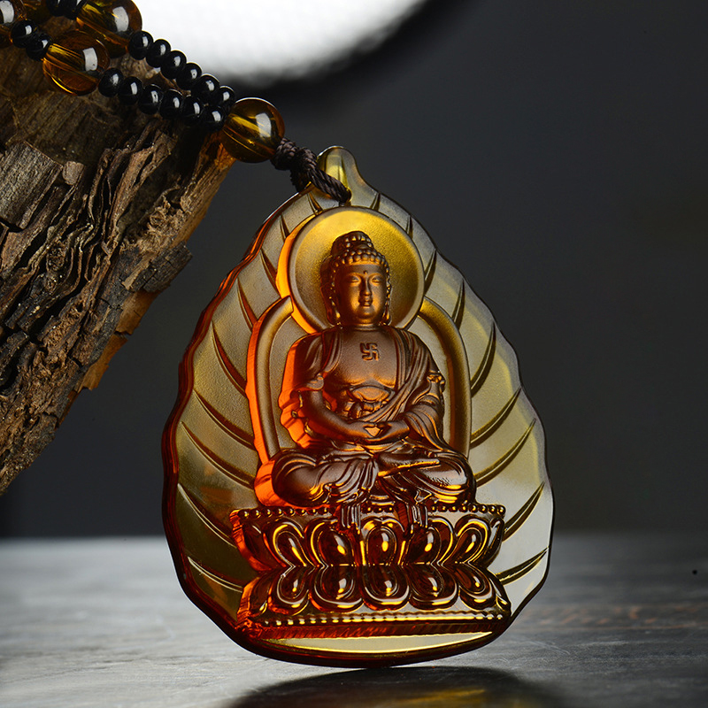 Dây chuyền, vòng cổ - Chuỗi hạt đeo cổ mặt Phật A Di Đà tựa lá đề (màu cam đậm)