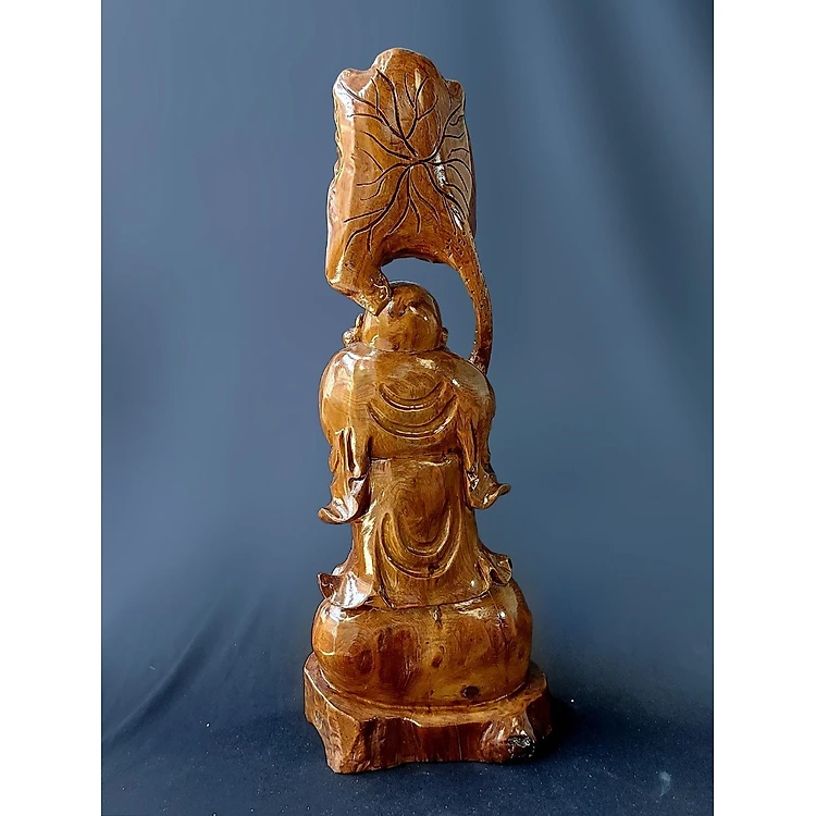 Tượng Phật Di Lặc lá sen gỗ thủy tùng ( cao 37 cm)